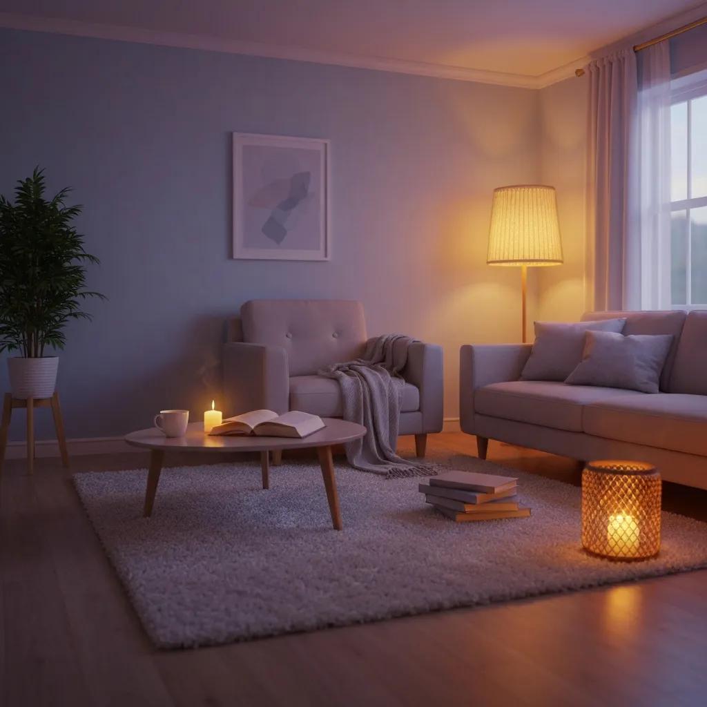 Cozy living room setting with soft lighting, featuring a comfortable sofa, armchair, coffee table with a candle and book, and decorative plants, symbolizing a supportive environment for healing and recovery in alcohol addiction treatment.