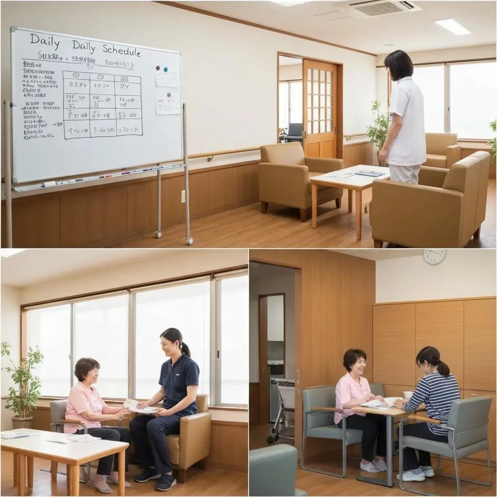 Daily schedule board in a rehab facility, staff member assisting patient, therapeutic setting promoting recovery, structured environment supporting treatment for stimulant addiction.