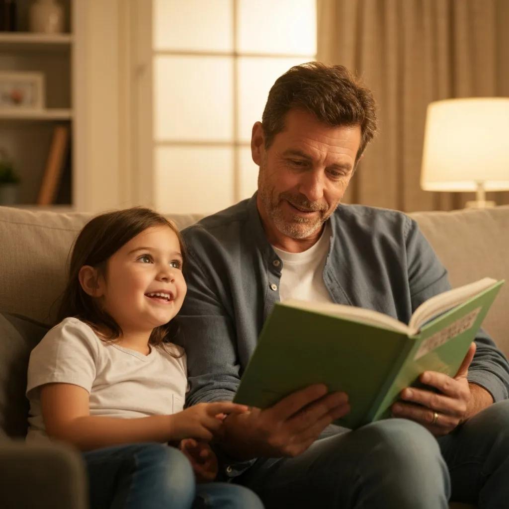Father reading a book with young daughter in a cozy living room, illustrating parental engagement and supportive family environment in the context of addiction recovery.