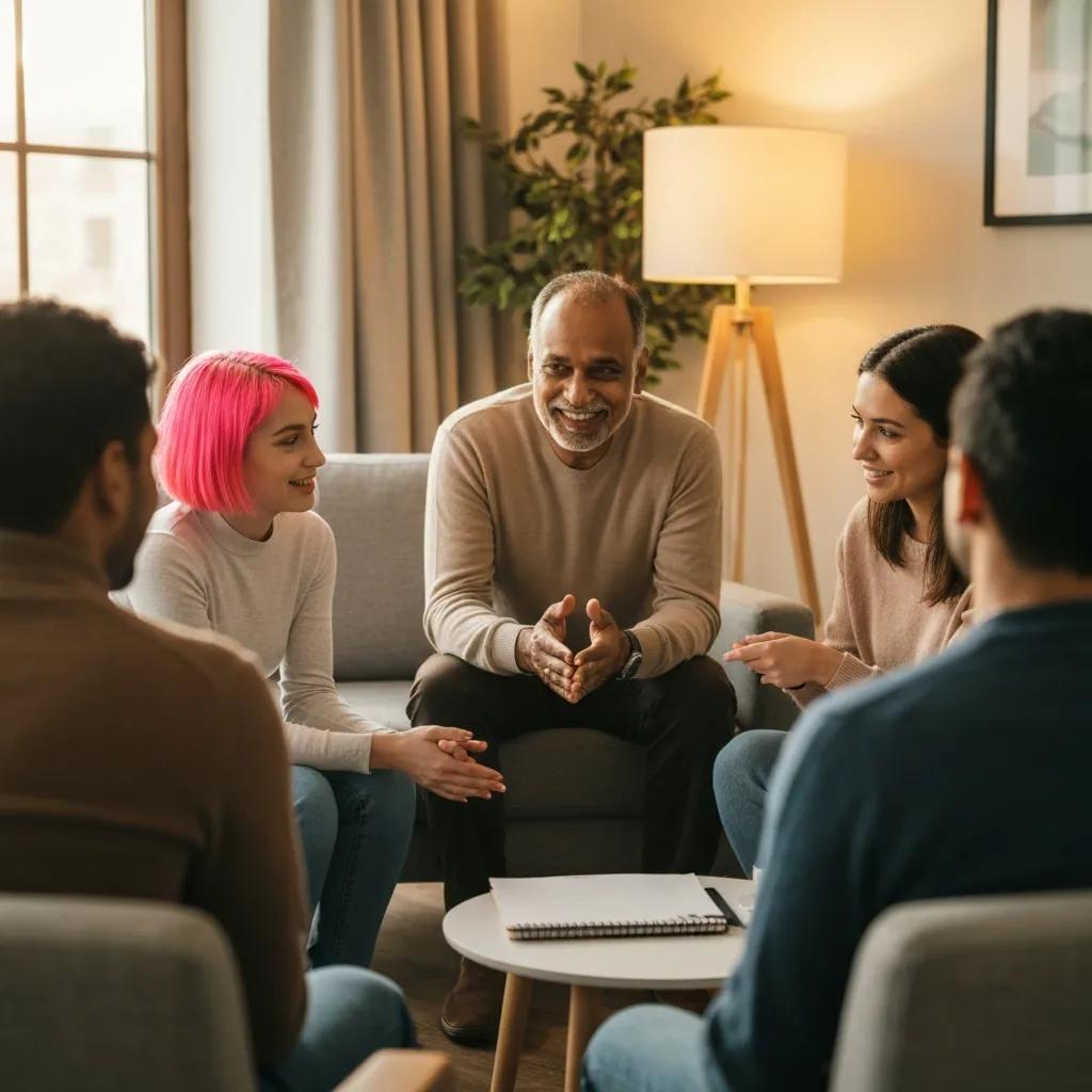 Supportive group conversation about mental health, featuring diverse individuals engaged in discussion, emphasizing emotional support and connection in a comfortable setting.