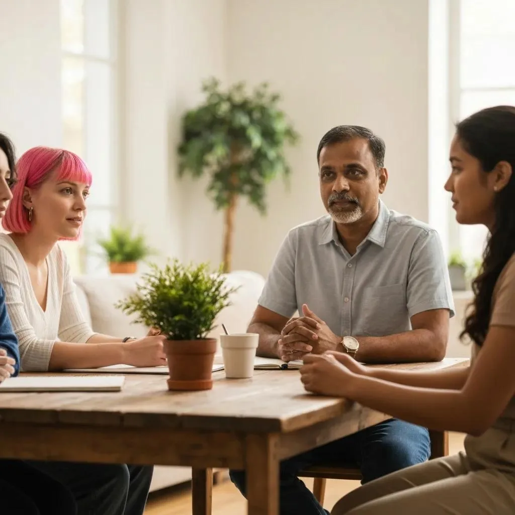 Supportive group discussing addiction treatment scholarships in a warm, inviting environment, featuring diverse individuals engaged in conversation around a wooden table with plants and coffee cups.