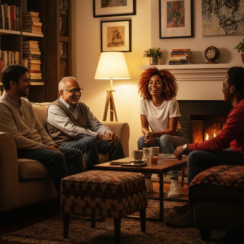 Supportive group discussion among diverse individuals in a cozy setting, emphasizing community and understanding