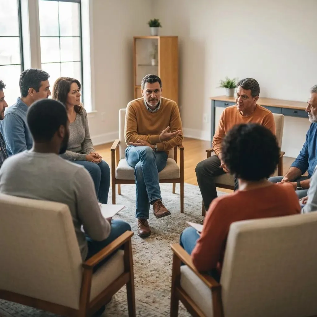 Understanding Nar-Anon Supportive group discussion among family members in a Nar-Anon meeting, emphasizing community and recovery from addiction, with participants engaged in conversation in a comfortable setting.