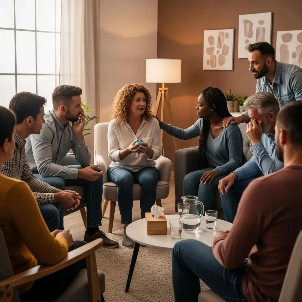 Supportive Group Therapy Session For Addiction Recovery, Showcasing Community And Understanding
