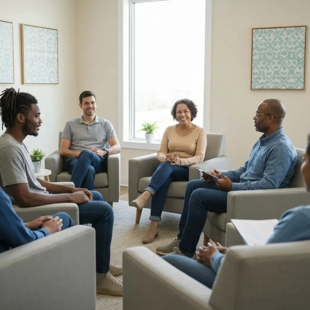 Supportive group therapy session in a bright, inviting room, featuring diverse participants engaged in discussion, emphasizing community and connection in inpatient alcohol rehab at Emulate Treatment Center.