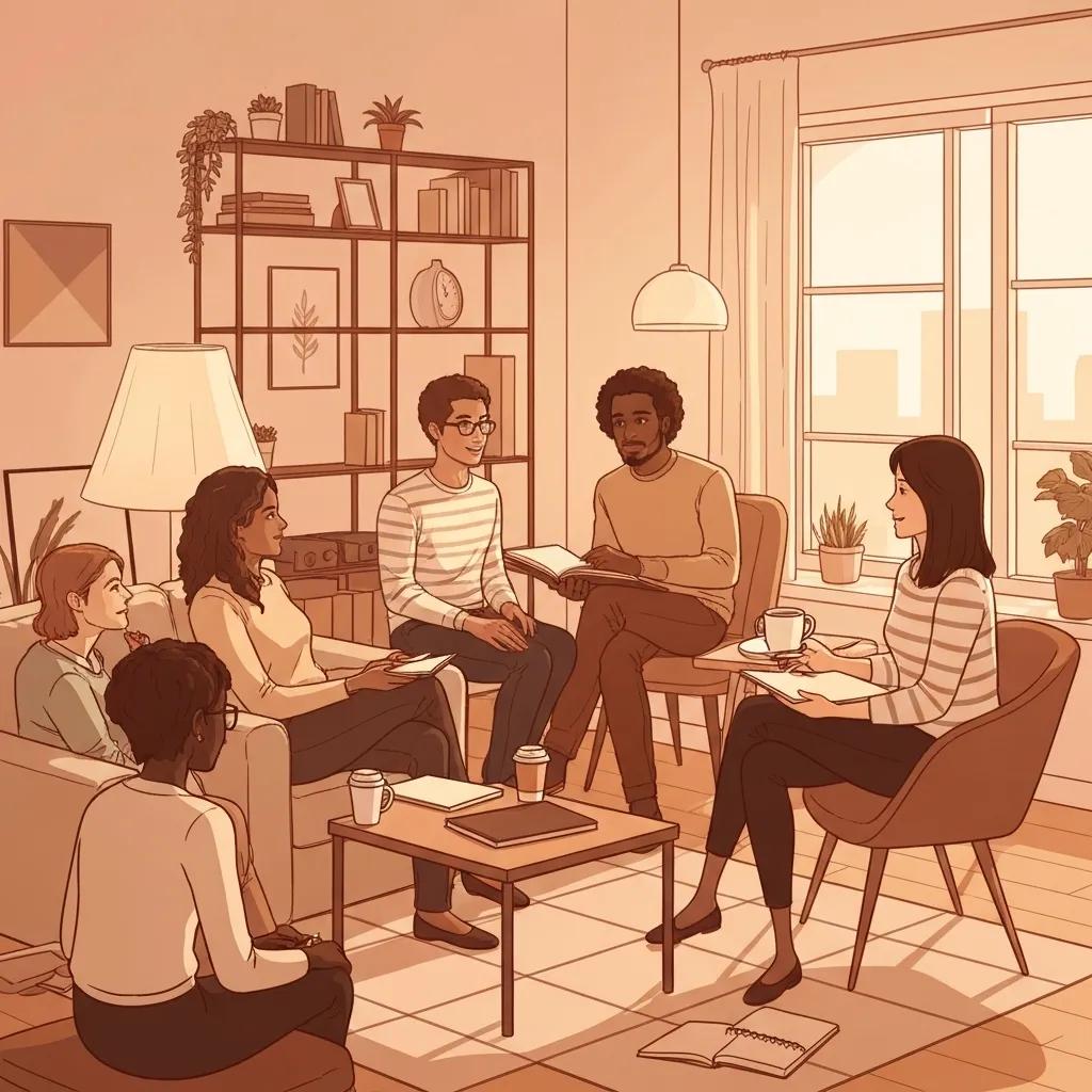 Supportive therapy session for ADHD and addiction treatment, showcasing a diverse group engaged in discussion