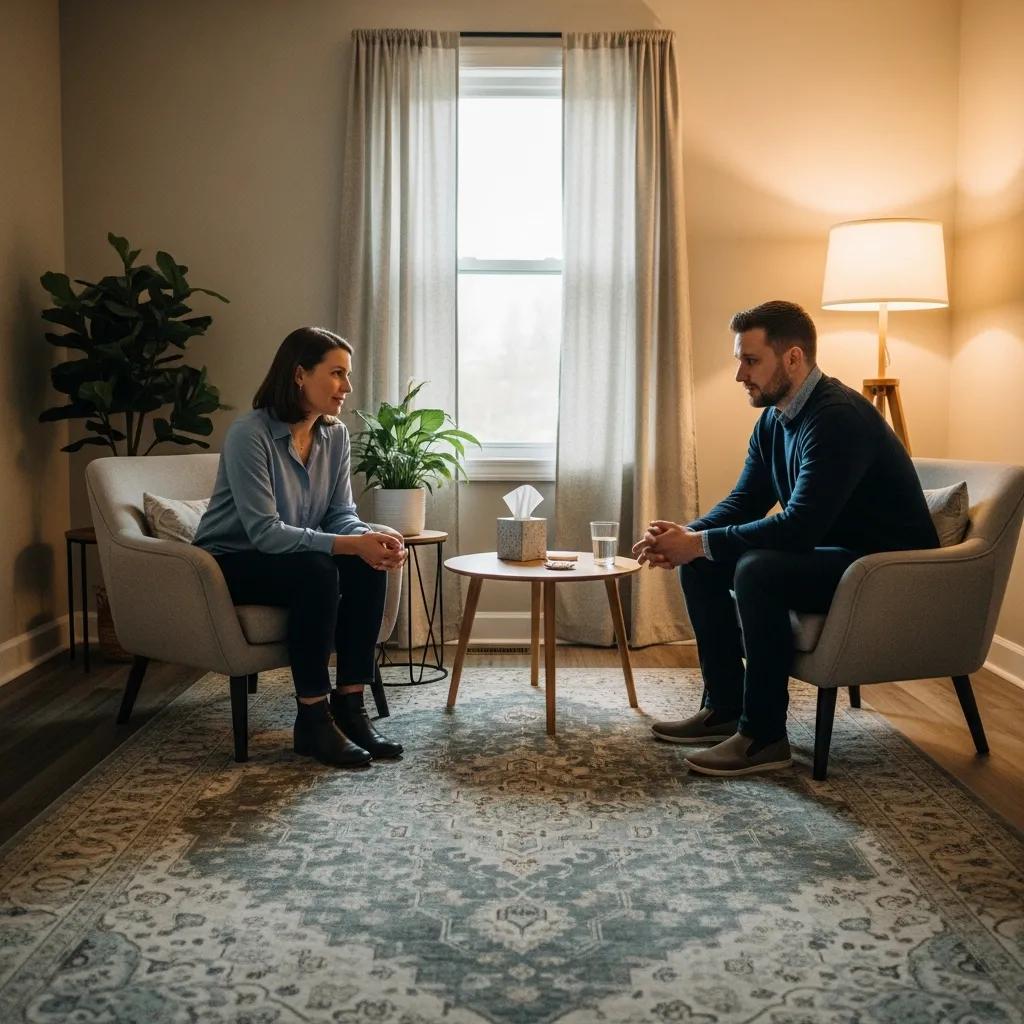 Therapist and client in a supportive therapy session focused on cognitive behavioral therapy for addiction