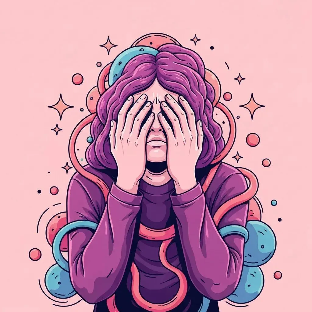 Illustration of a person with purple hair covering their face, surrounded by colorful abstract shapes, symbolizing anxiety and emotional distress related to dual diagnosis treatment.