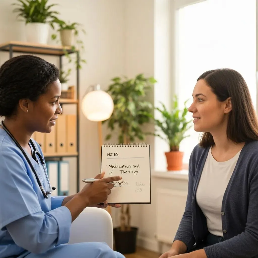 A Therapist And Patient In Conversation In A Calm Office, Highlighting Collaborative Care Between Therapy And Medication