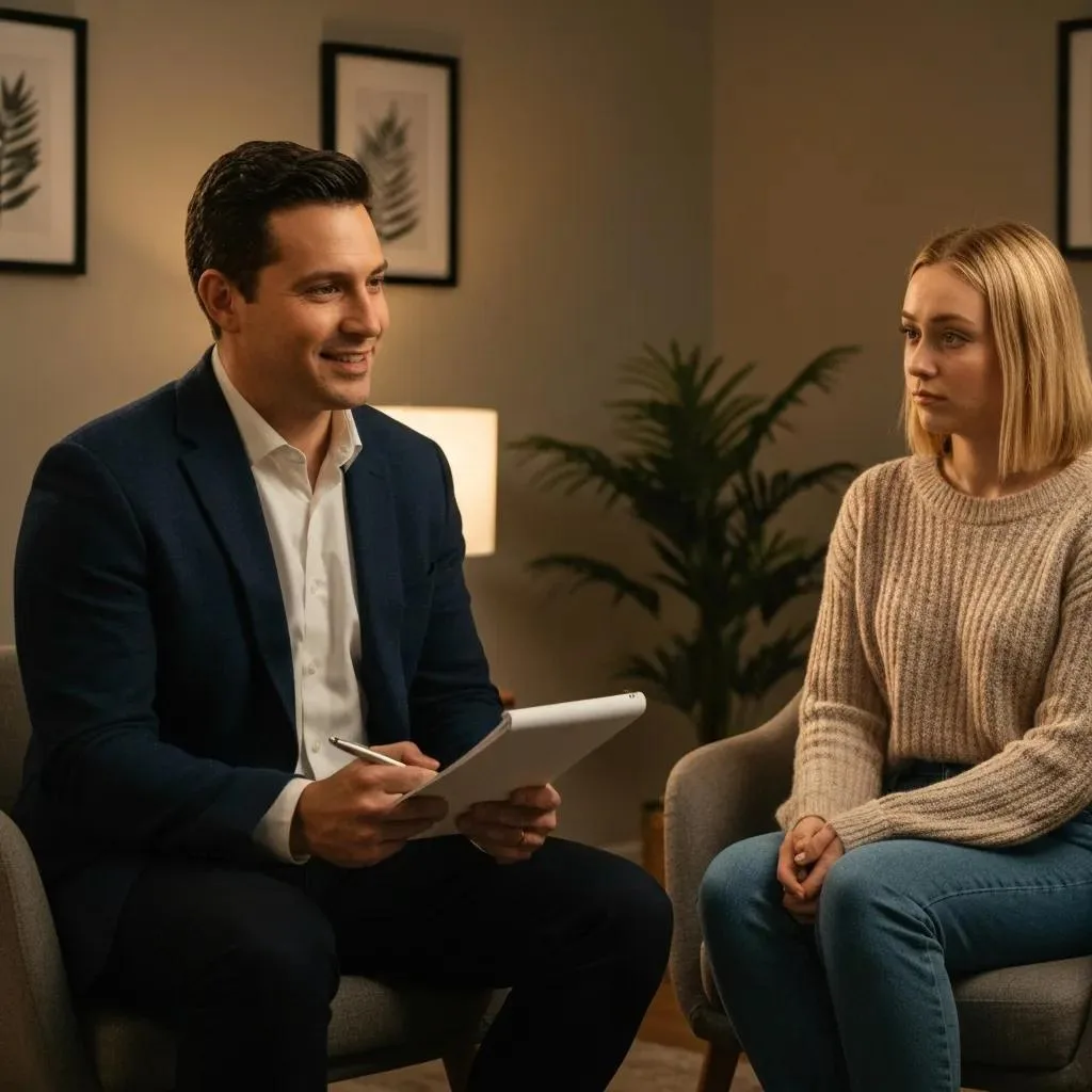 Treating Eating Disorders And Addiction Therapist And Patient In A Cbt Session Focused On Engagement And Practical Skills For Dual Diagnosis Treatment