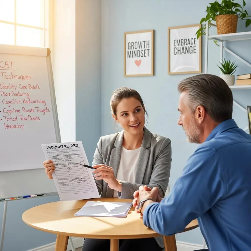 Therapist Demonstrating Cbt Techniques To A Client In A Bright Therapy Room