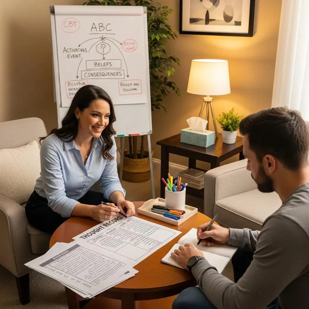 Therapist Demonstrating Cognitive Restructuring Techniques With A Client In A Therapy Session