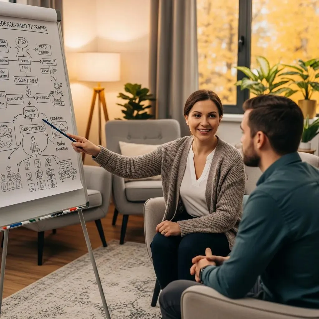 Therapist Explaining Evidence-Based Ptsd Therapies To A Client In A Warm, Inviting Setting