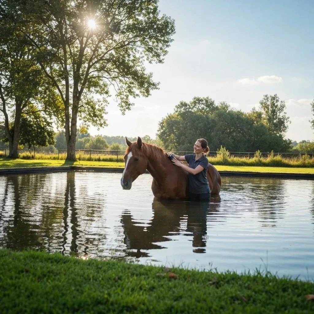 Therapist engaging with a horse in tranquil water setting, illustrating equine-assisted therapy benefits for mental health and emotional well-being.