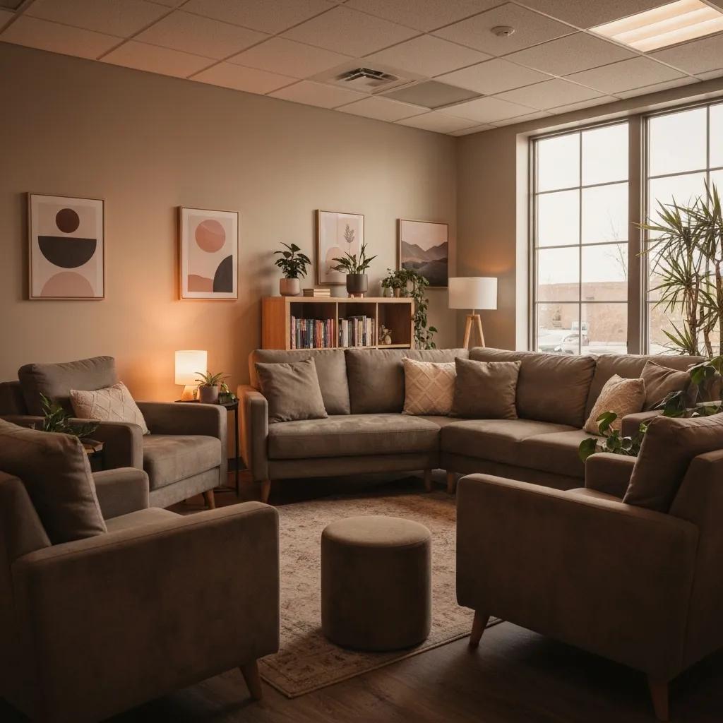 Therapy room designed for dual diagnosis treatment, emphasizing comfort and support