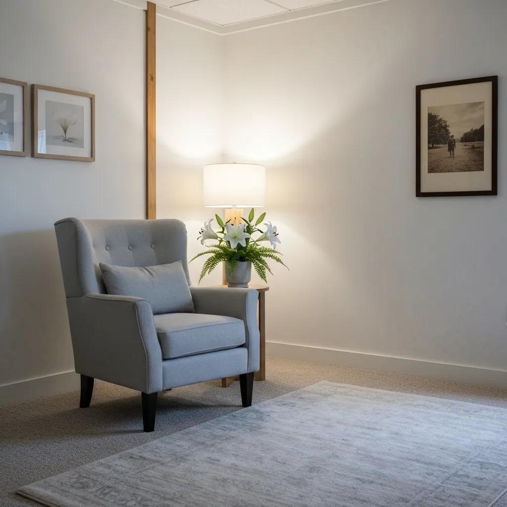 Calming therapy room designed for EMDR sessions featuring a comfortable gray armchair, soft lighting, decorative flowers, and framed artwork on the walls.