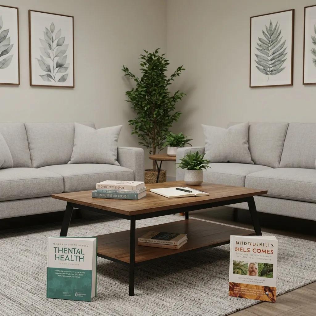 Therapy room designed for integrated ADHD and anxiety treatment, featuring comfortable seating and calming decor