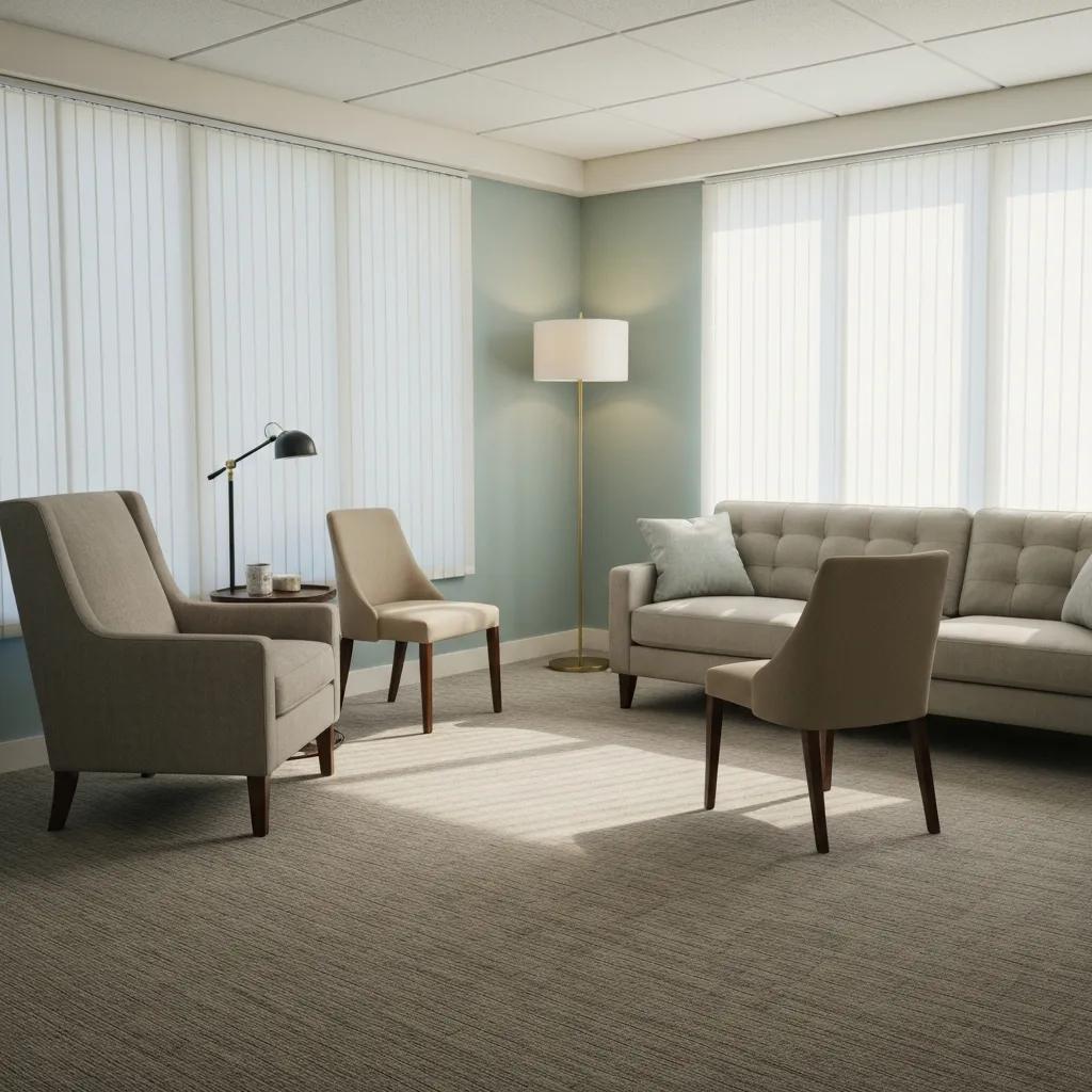 Therapy room designed for mental health treatment, featuring comfortable seating and calming decor