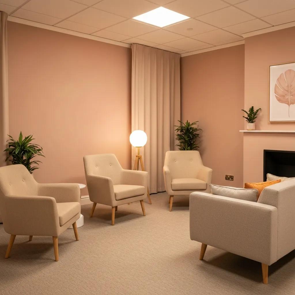 Therapy room designed for mental health treatment, featuring comfortable seating and calming decor