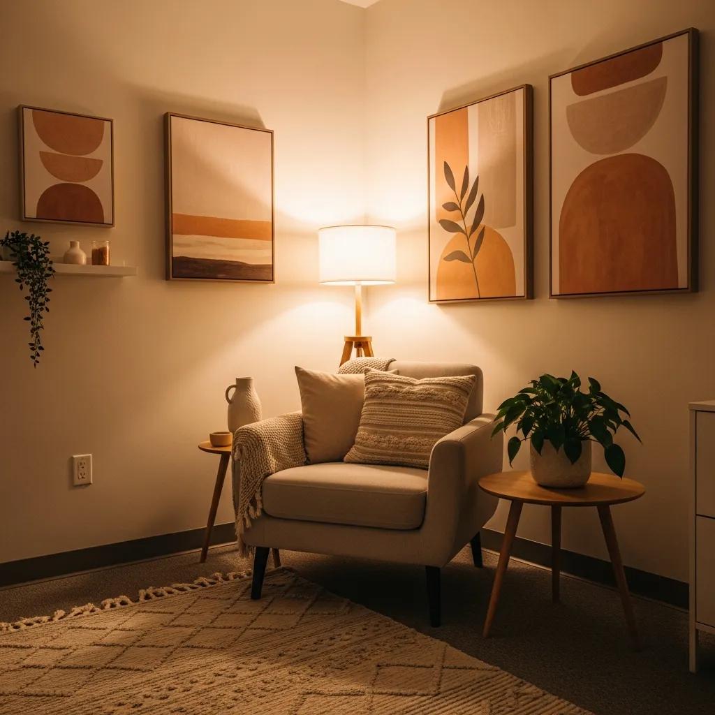 Therapy room designed for PTSD recovery, featuring calming decor and comfortable seating