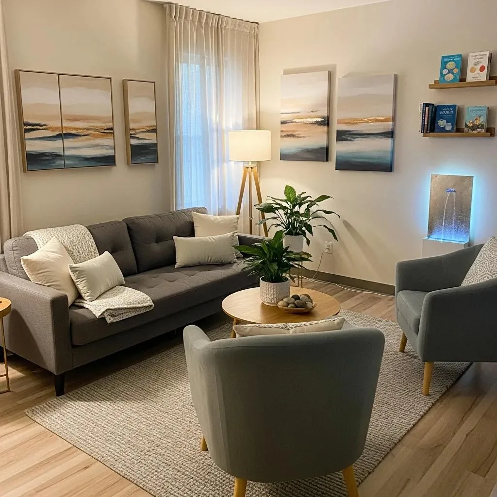 Therapy Room Designed For Ptsd Treatment, Featuring Calming Decor And Comfortable Seating