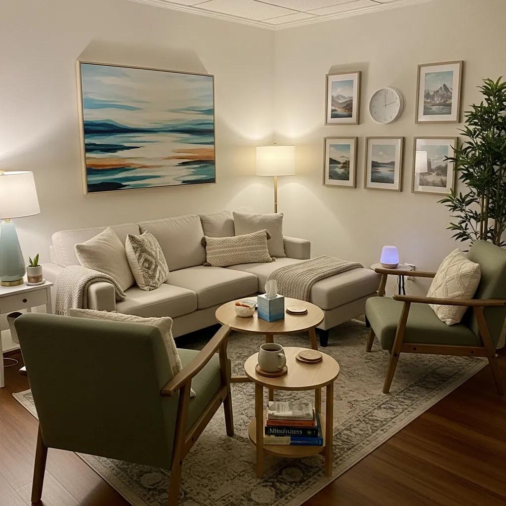 Therapy room designed for PTSD treatment, featuring comfortable seating and calming decor