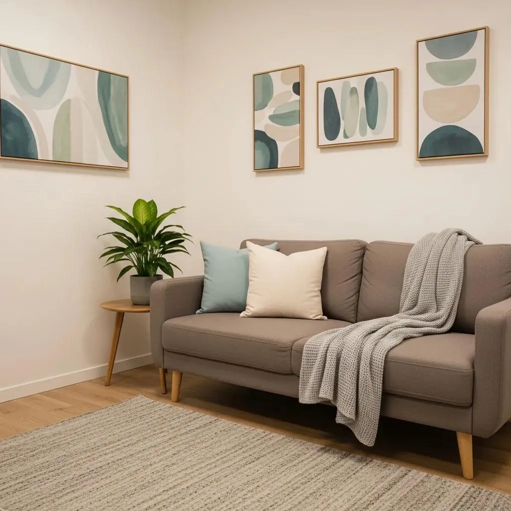 Therapy Room Designed For Ptsd Treatment With Calming Decor And Comfortable Seating