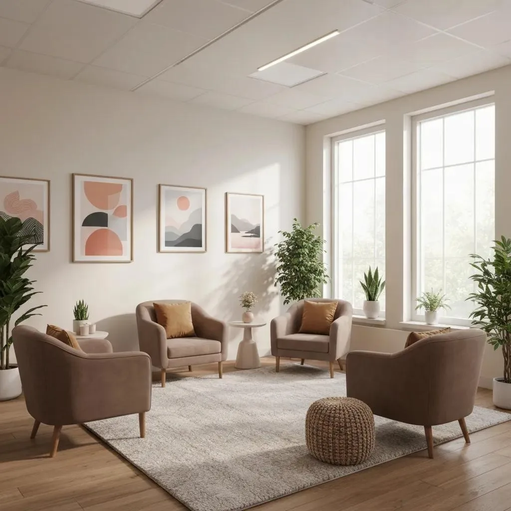 Therapy Room Representing Emerging Mental Health Therapies With Calming Decor And Inviting Atmosphere