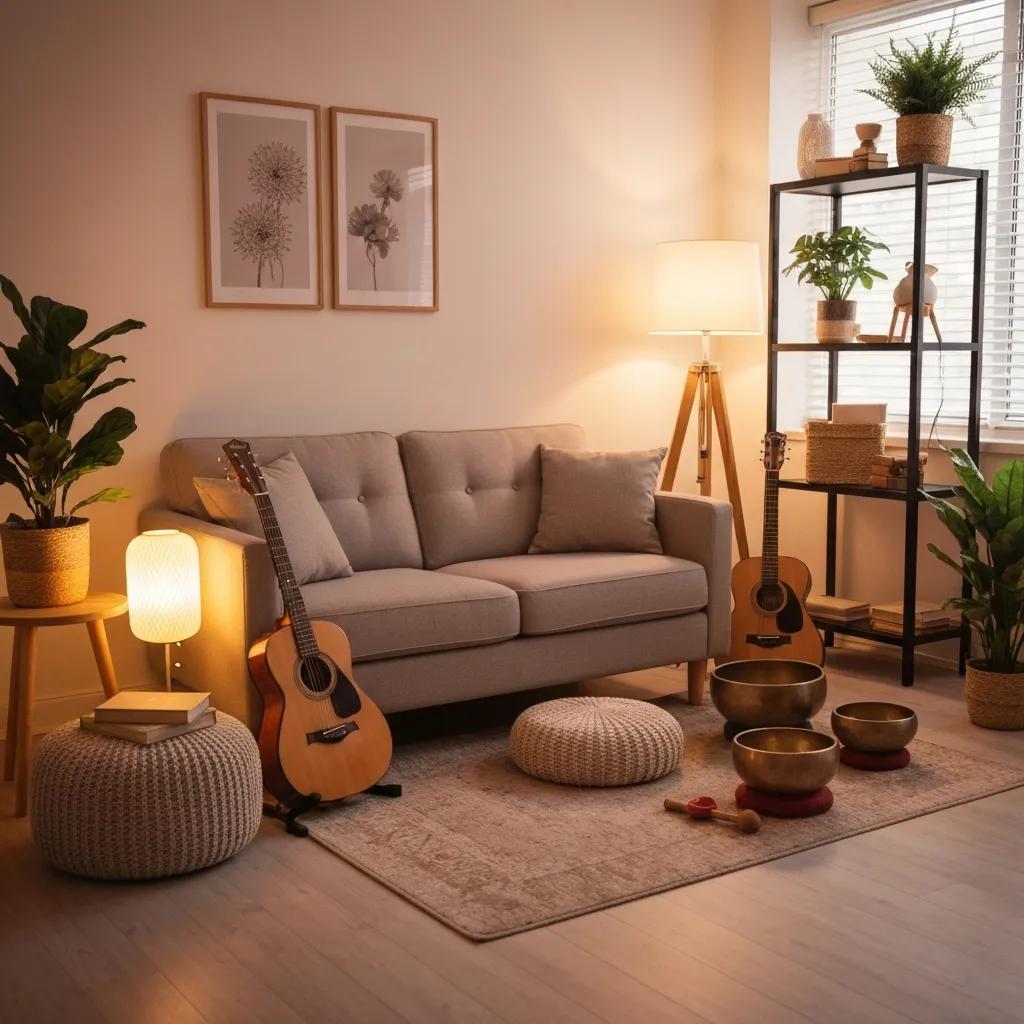 Therapy room with musical instruments promoting mental health through music therapy