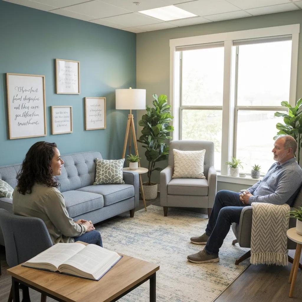 Therapy session in a cozy counseling room illustrating integrated dual diagnosis care for PTSD and addiction