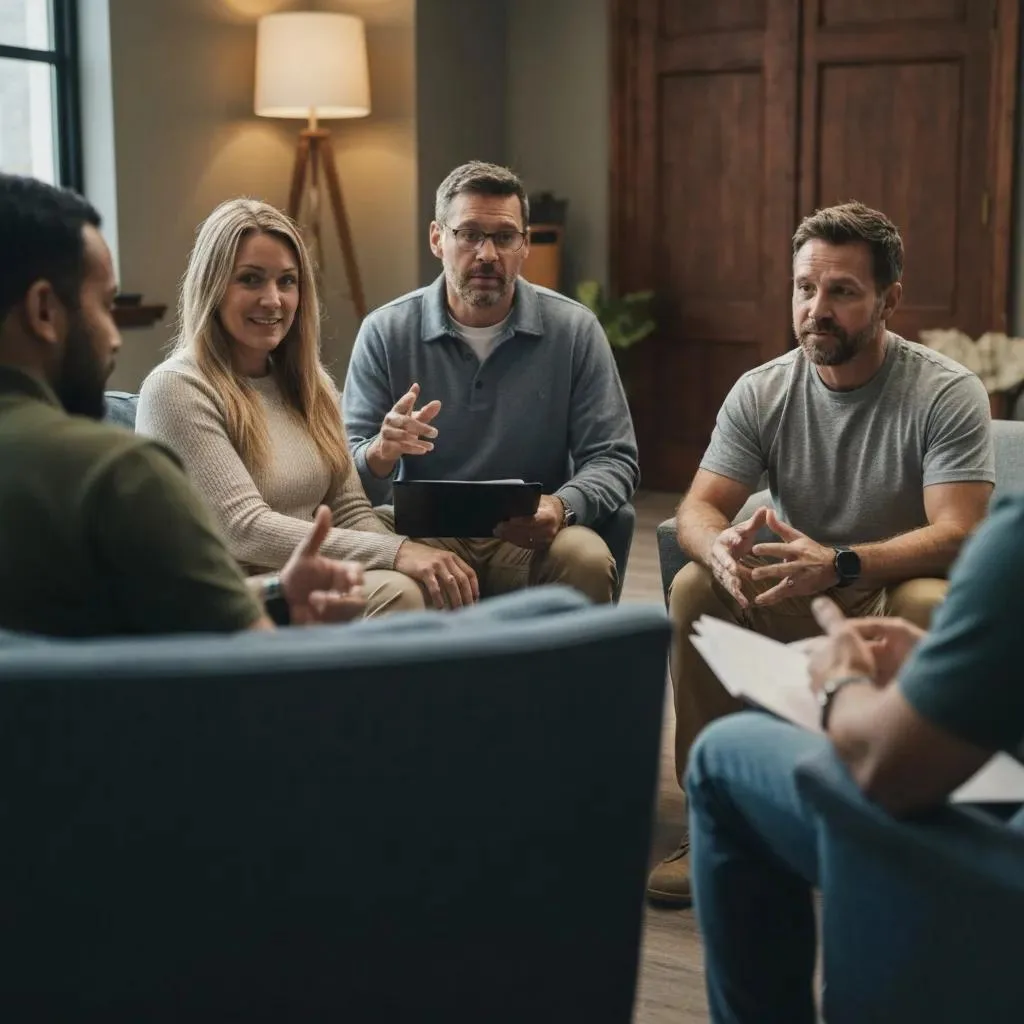 Veterans In A Supportive Therapy Session, Highlighting Community And Recovery