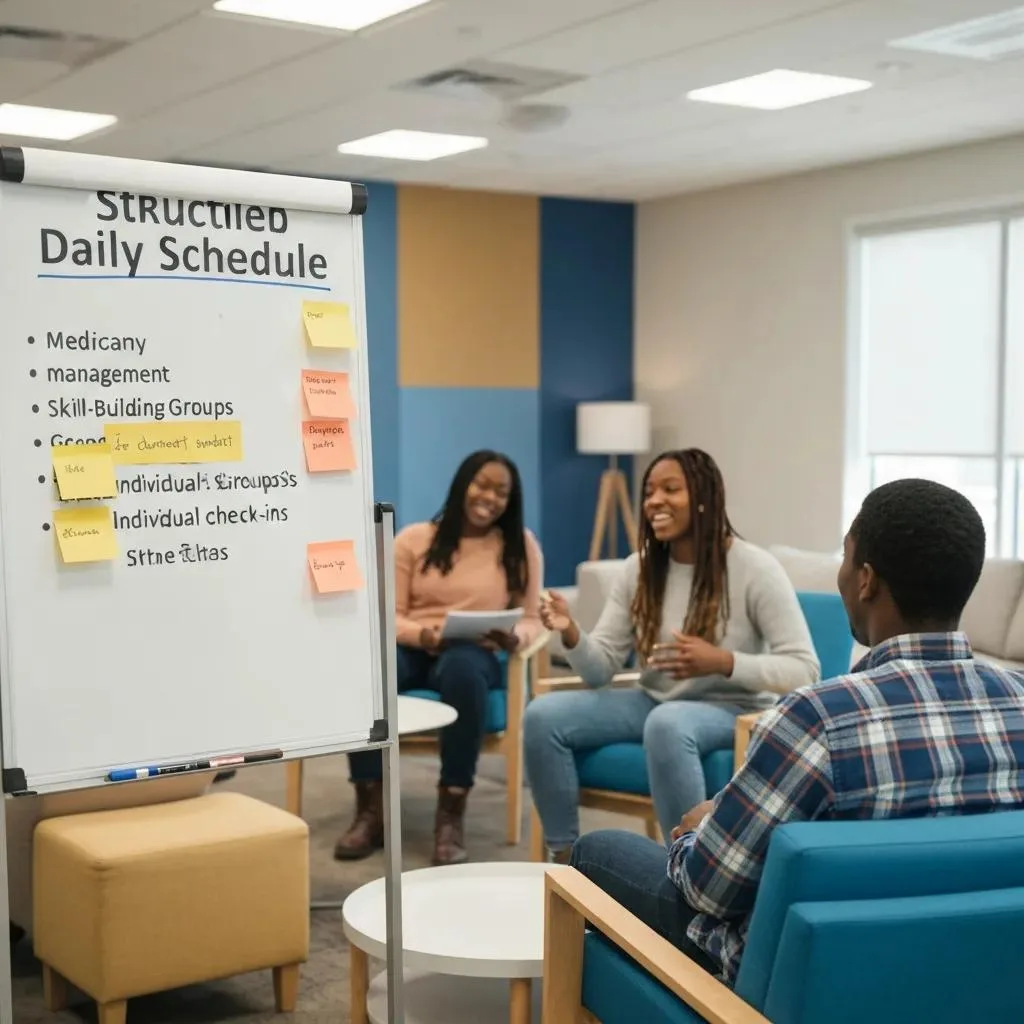 Partial Hospitalization For Dual Diagnosis Structured daily schedule on whiteboard with therapy session participants discussing skills-building groups and individual check-ins in a therapy setting for dual diagnosis treatment.