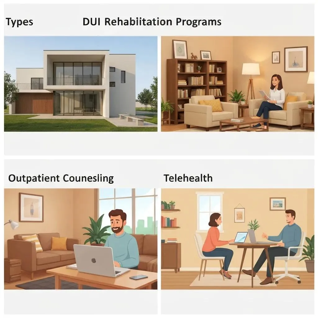 Dui And Addiction Treatment Illustration Of Residential, Outpatient, And Telehealth Dui Rehab Options
