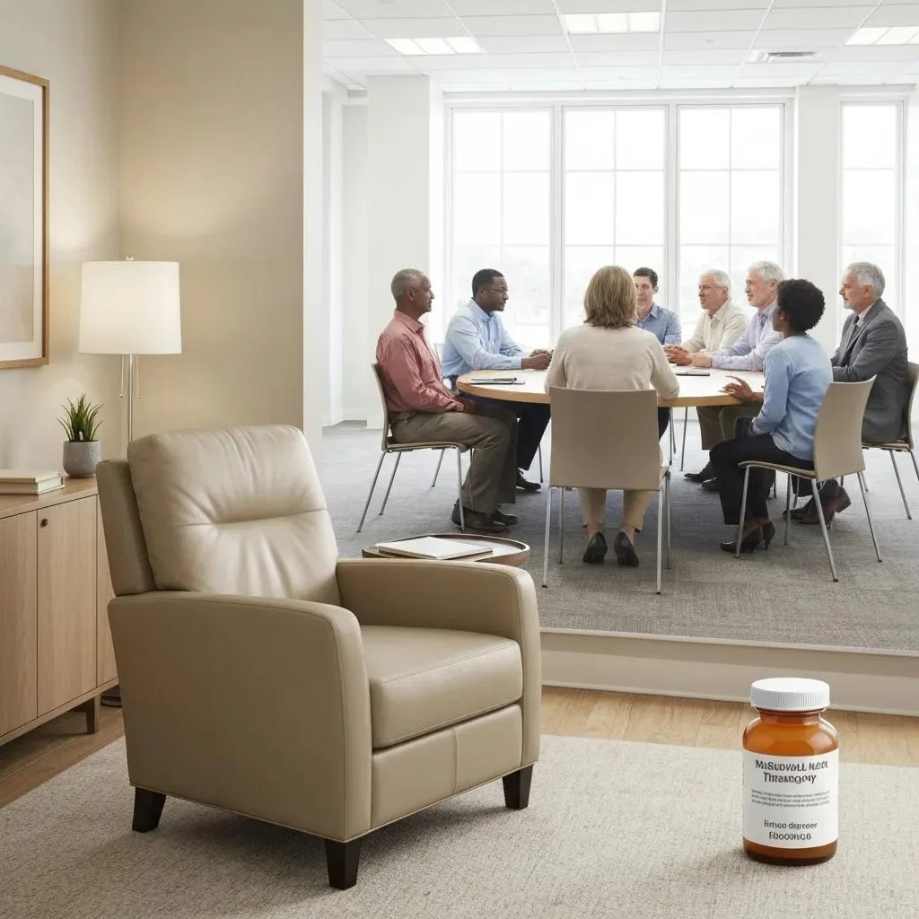 Visual Representation Of Mental Health Treatment Options, Including Therapy And Medication In A Supportive Environment