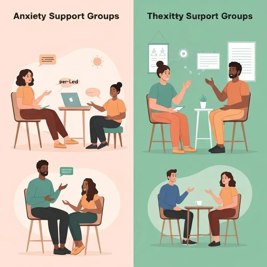 Illustration Contrasting Peer‑Led And Clinician‑Led Anxiety Groups, Showing Shared And Clinical Elements