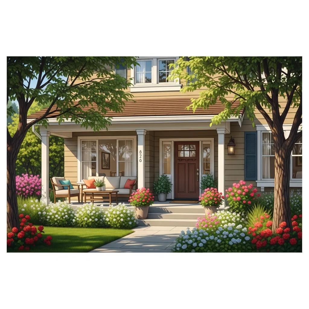 Welcoming sober living home in Southern California with a peaceful front porch and lush surroundings