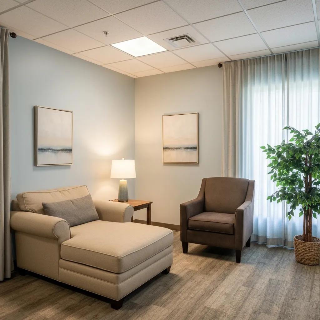 Welcoming therapy room at an intensive outpatient program, emphasizing comfort and support for mental health recovery