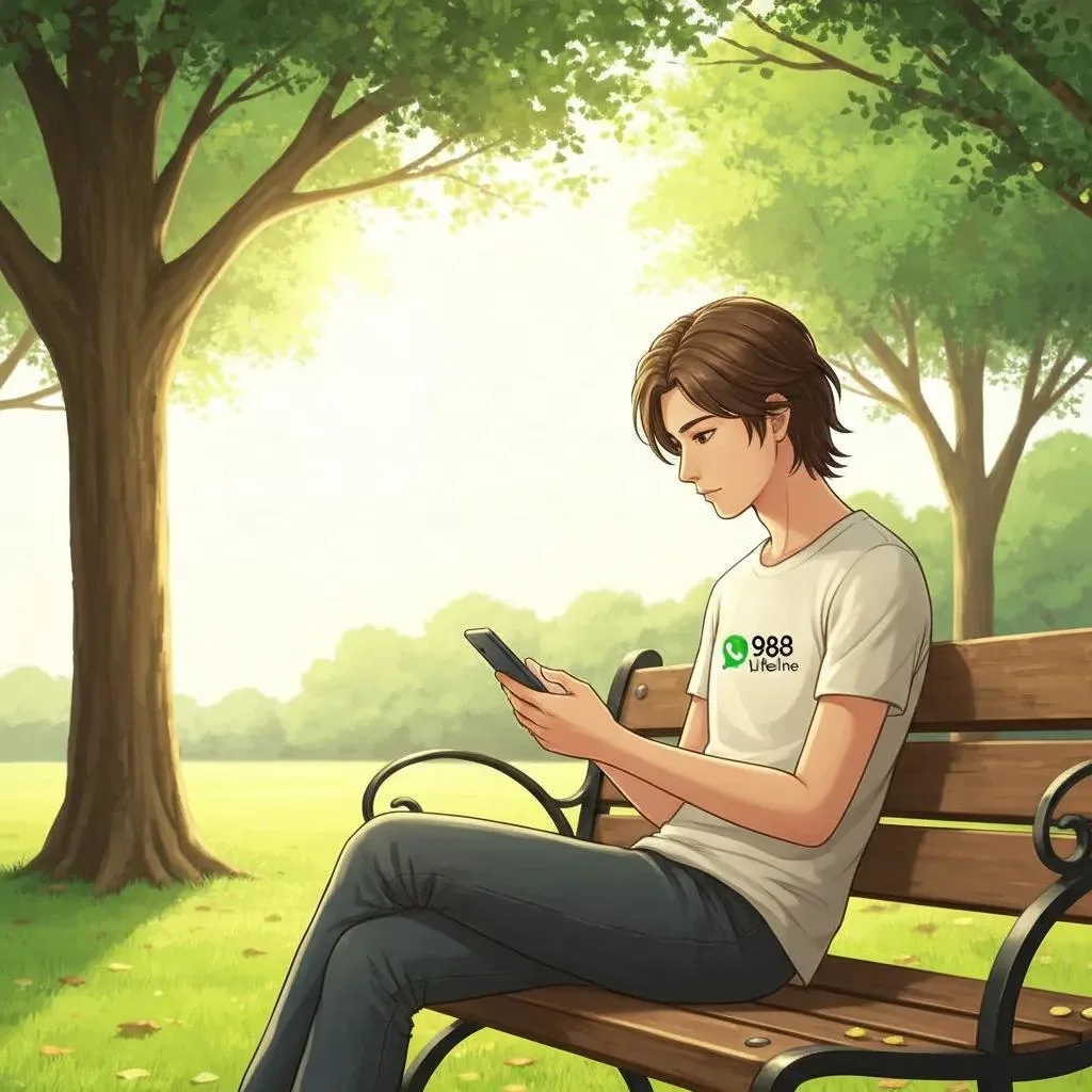 Young adult sitting on a park bench using a smartphone, wearing a shirt with "988 Lifeline" logo, symbolizing access to crisis support and emotional assistance.