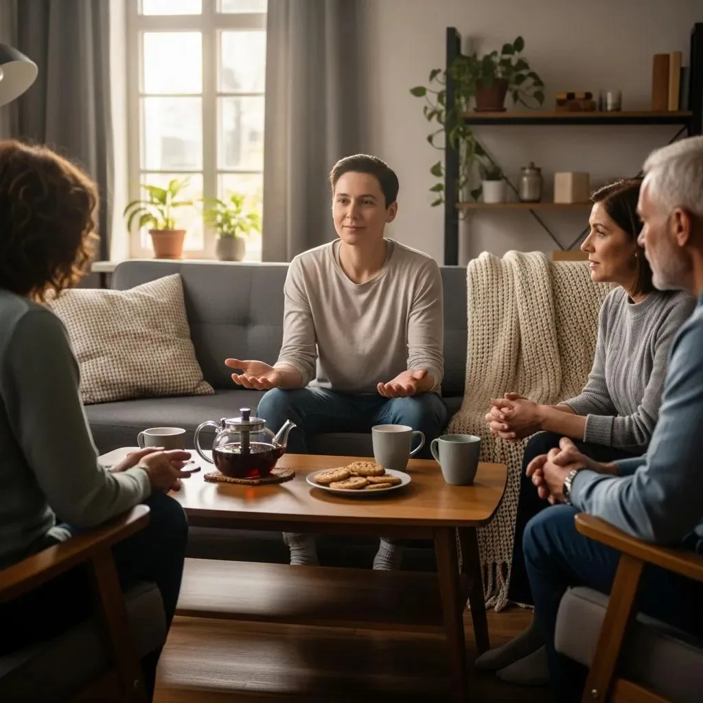 Setting Healthy Boundaries: Essential For Recovery A Person Discussing Boundaries With Family In A Warm Setting, Illustrating Open Communication And Support