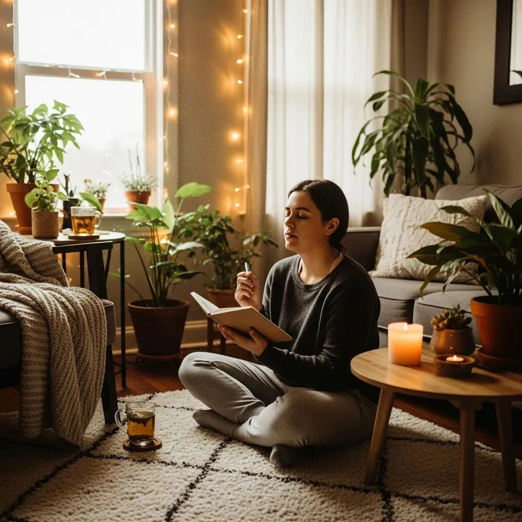 A Person Practicing Self-Care In A Calming Living Room, Symbolizing The Importance Of Recognizing Relapse Warning Signs In Addiction Recovery.