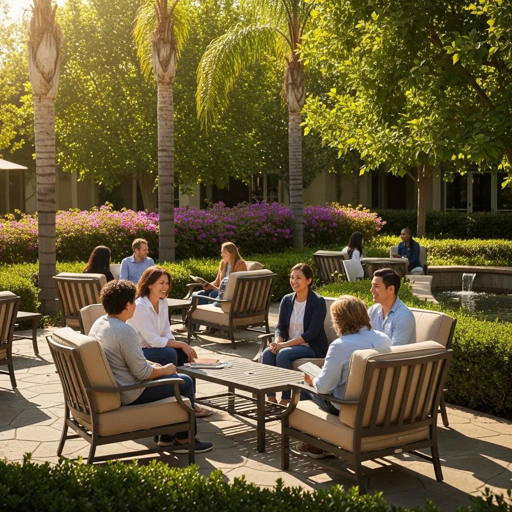 A tranquil treatment center in Canoga Park, CA, representing dual diagnosis recovery with individuals in supportive conversation