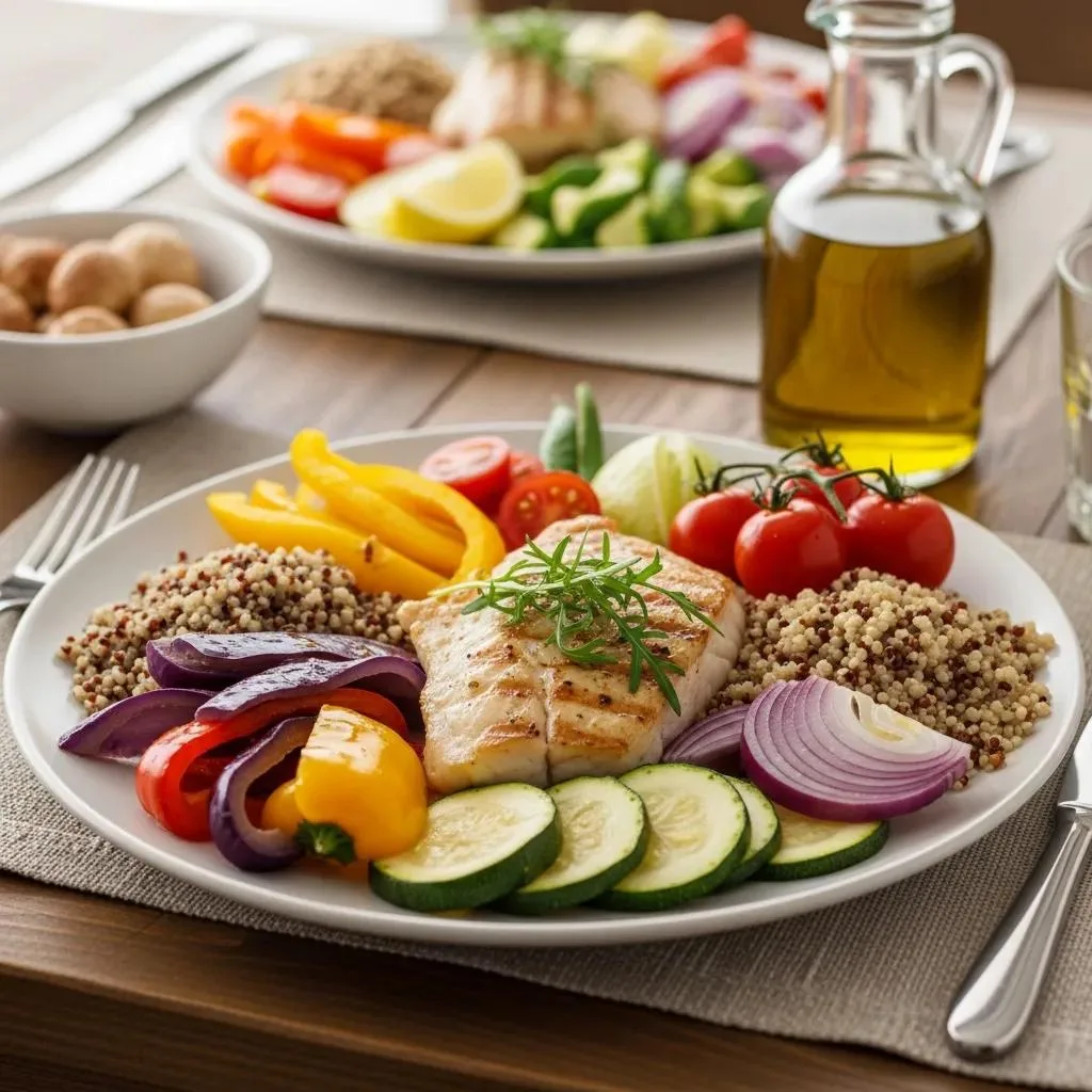 A Vibrant Mediterranean Meal With Grilled Fish, Vegetables, And Whole Grains On A Rustic Dining Table, Emphasizing Healthy Eating Patterns