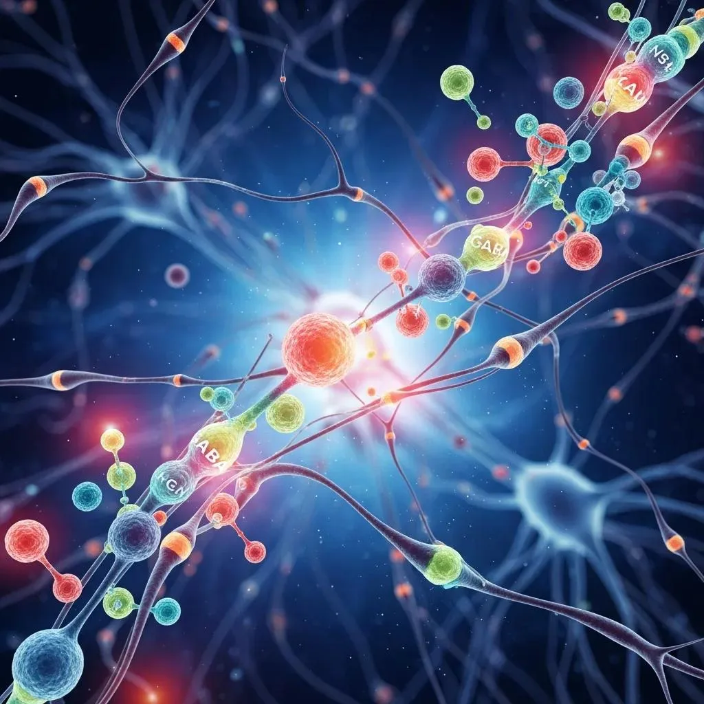 Abstract Representation Of Brain Chemistry With Colorful Neurotransmitter Molecules Illustrating Neural Interactions