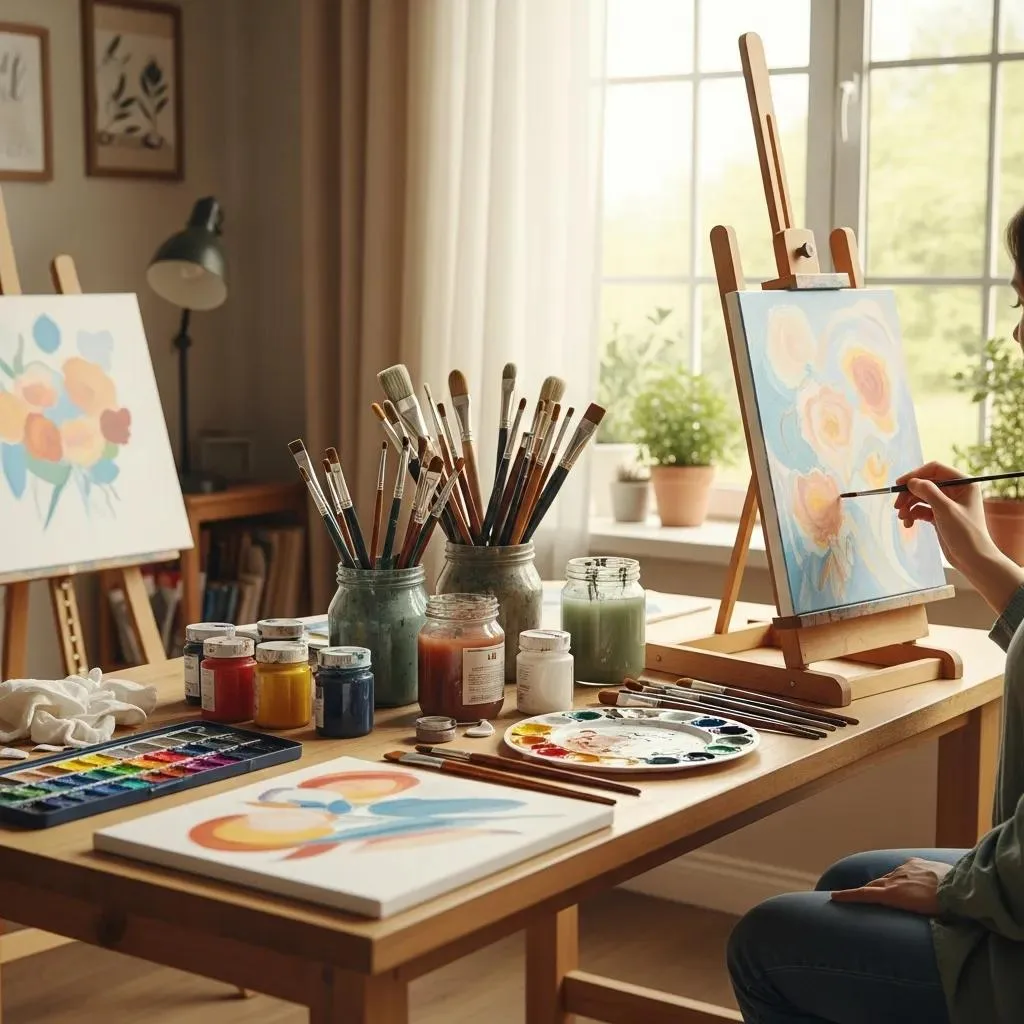 Art Therapy Studio With Art Supplies And A Person Painting, Emphasizing Creative Healing Benefits