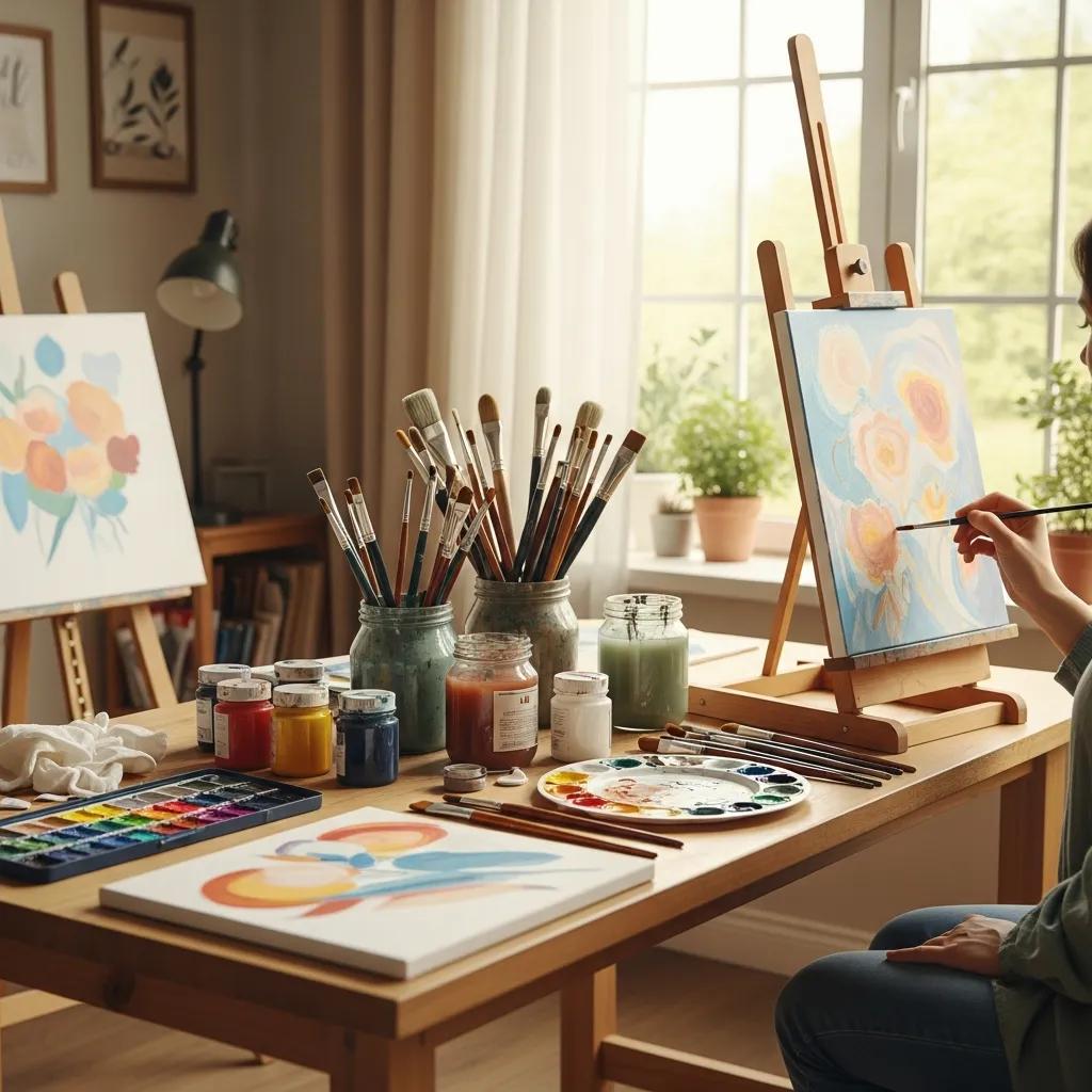 Art therapy studio with art supplies and a person painting, emphasizing creative healing benefits