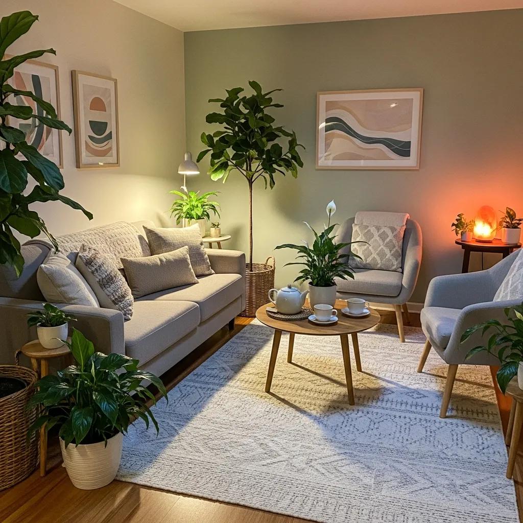 Calm therapy room designed for trauma-informed therapy, emphasizing safety and comfort