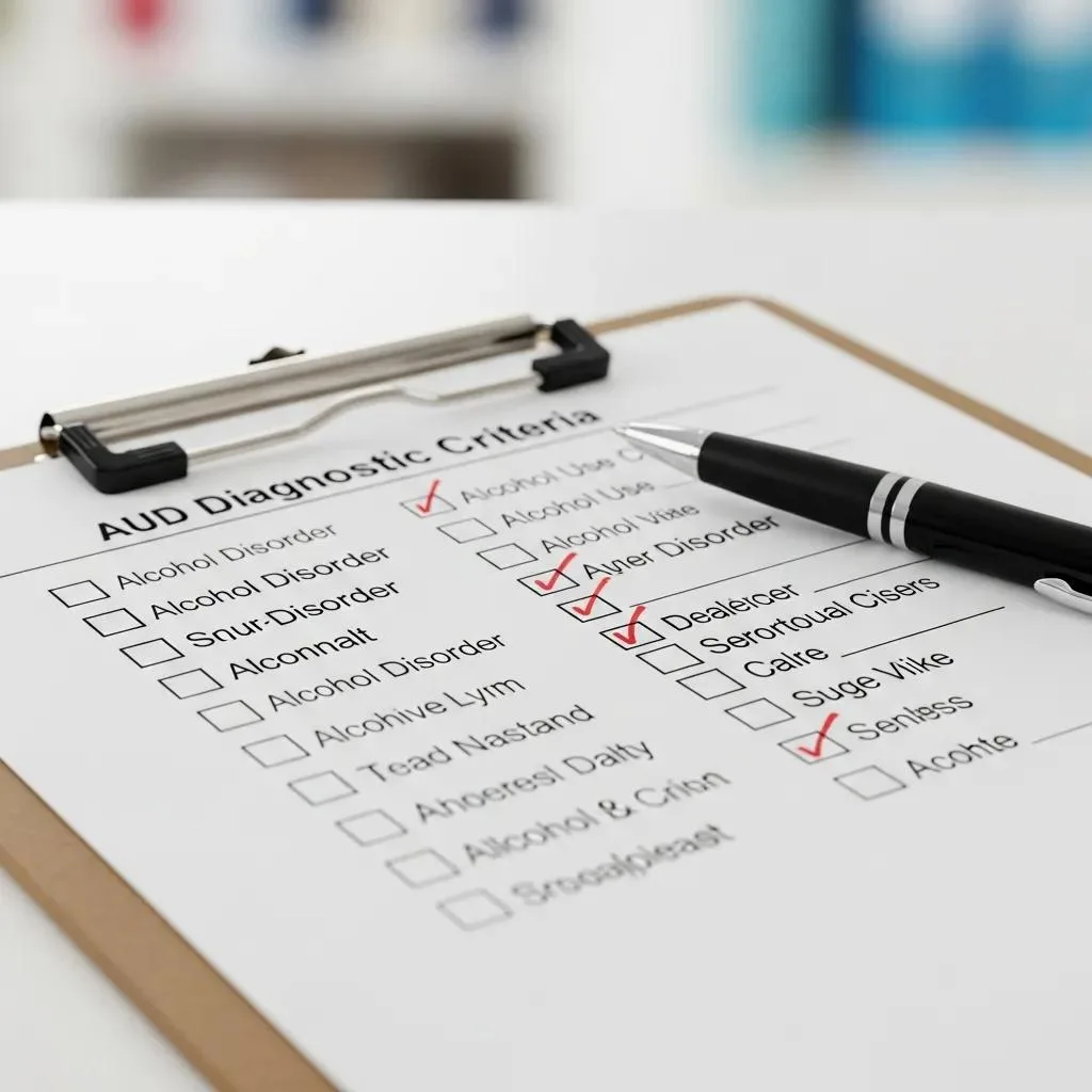 Close-Up Of A Checklist On A Clipboard Representing The Diagnostic Criteria For Alcohol Use Disorder