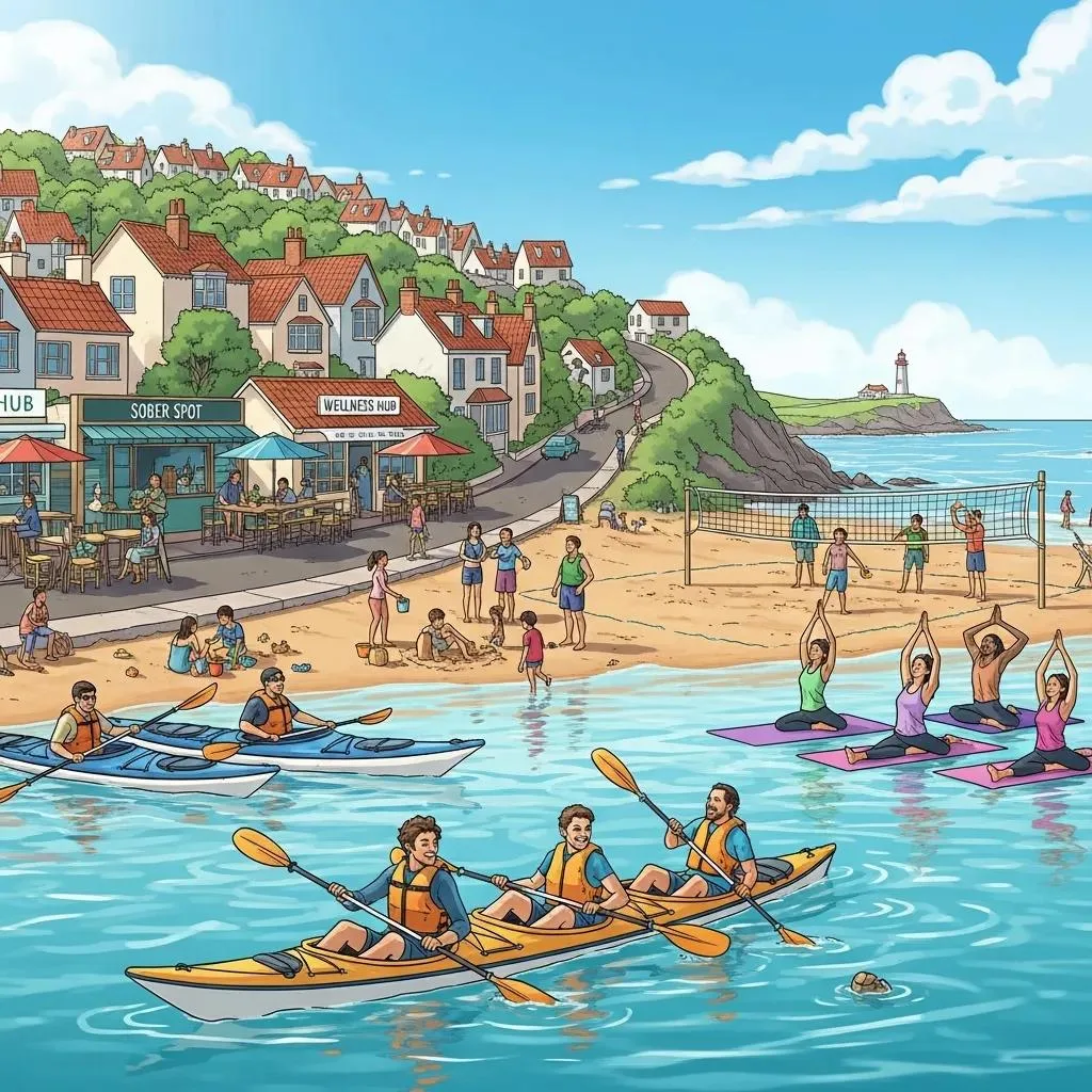 Coastal Town With Outdoor Activities, Illustrating Sober-Friendly Travel Destinations