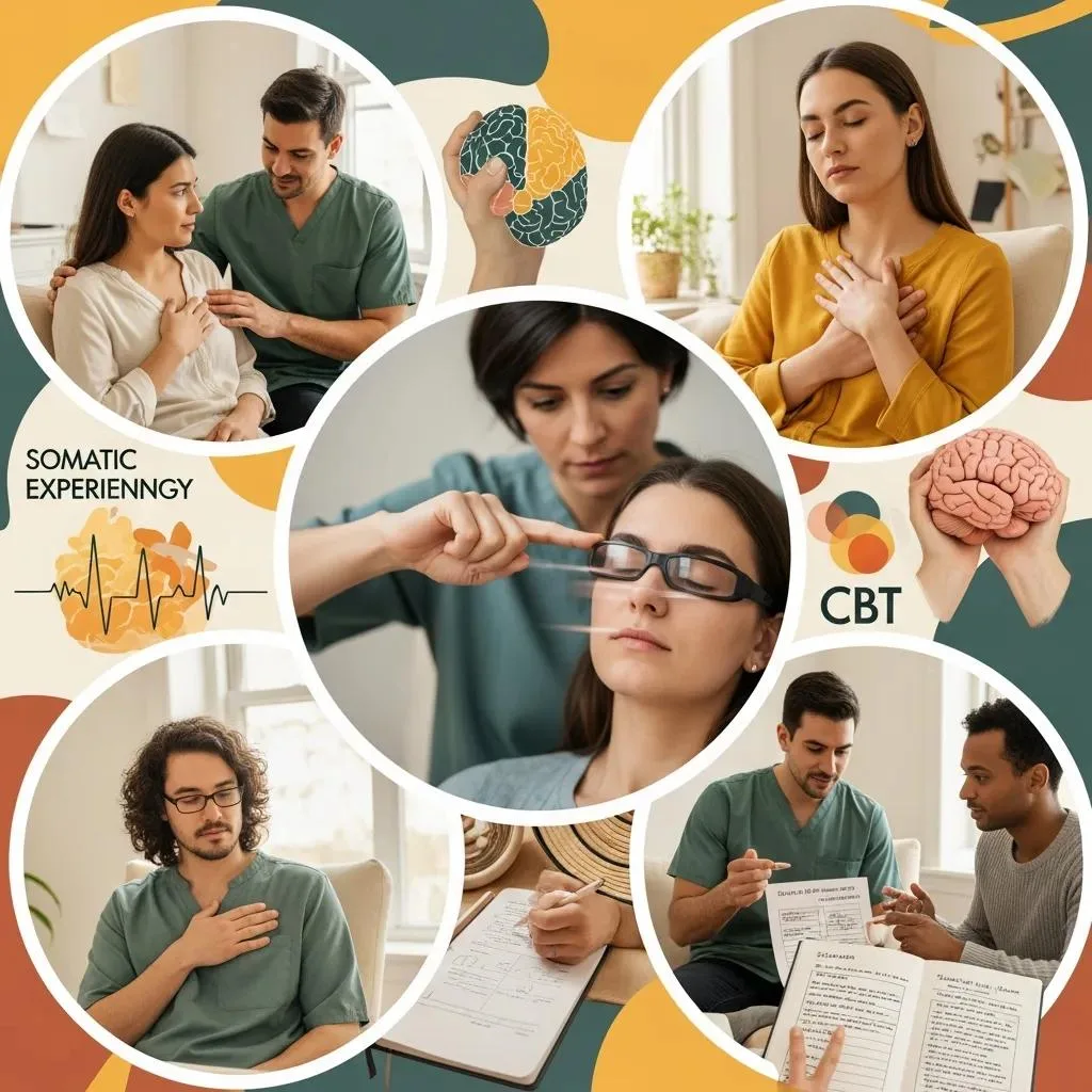 Trauma-Informed Therapy: Healing From Past Experiences Collage Of Various Trauma Therapy Modalities Illustrating Emdr, Somatic Experiencing, And Cbt In Practice