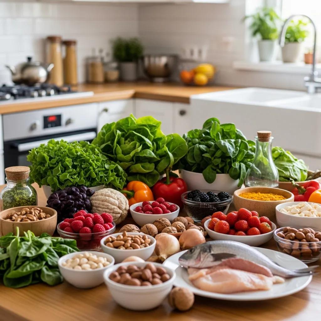 Colorful fresh foods promoting mental health, including leafy greens, berries, nuts, and fish in a bright kitchen setting